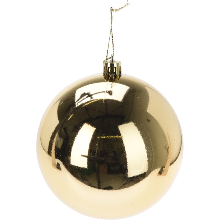 Grote, glanzende gouden kerstbal met een hangend koordje.