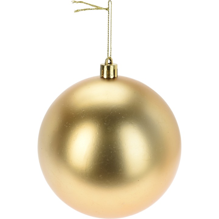 Gouden, glanzende kerstbal met een glinsterende afwerking en een metalen ophangring.