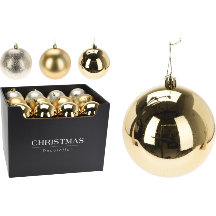 Gouden kerstballen in verschillende maten en een zwarte doos met witte tekst.