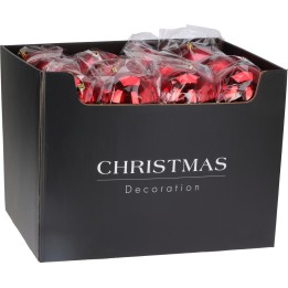 A black box labeled "Christmas Decoration" filled with shiny red ornaments wrapped in plastic.