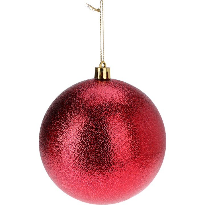 Shiny red ornament with a textured surface, topped with a golden hook for hanging.