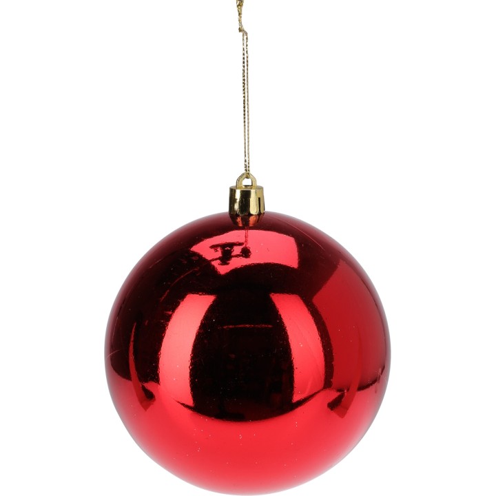 A shiny, red spherical ornament with a gold loop for hanging.