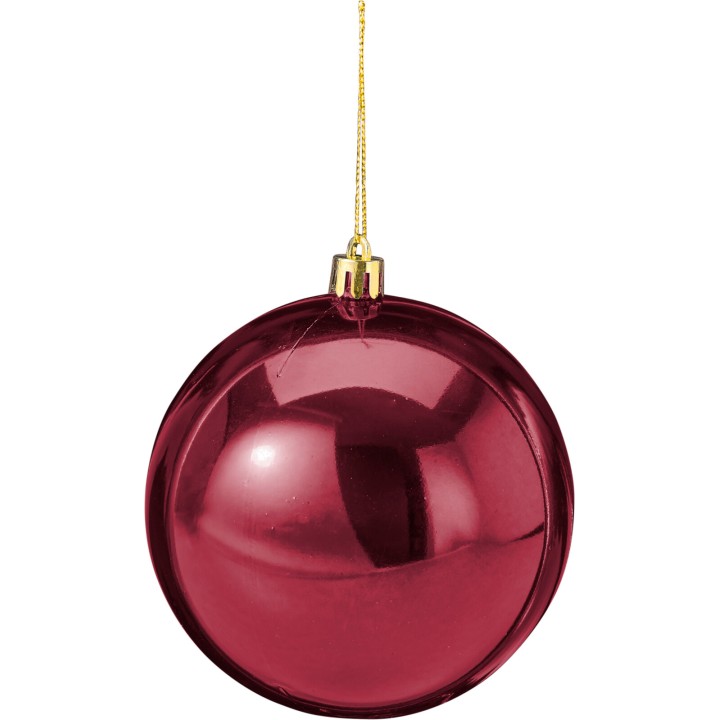 Shiny, deep red Christmas ornament with a gold hanging string.