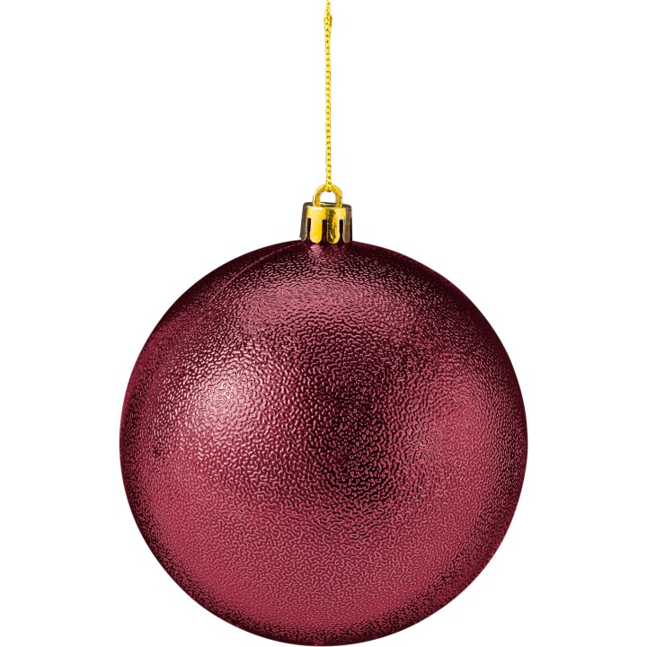 A shiny, textured burgundy ornament hangs from a gold string, reflecting light beautifully.