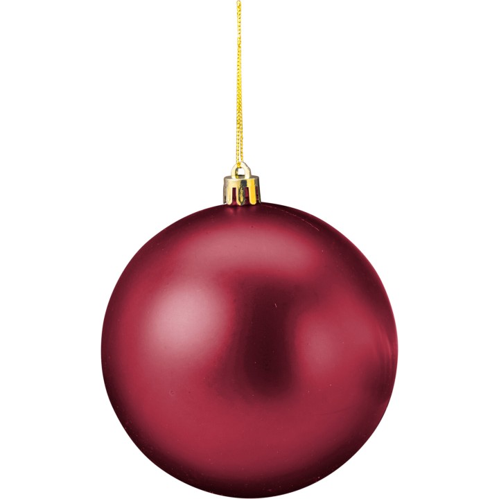 A glossy, deep red ornament hangs from a delicate golden string.