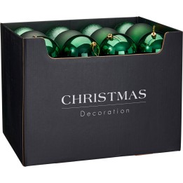 Zwarte doos met glanzende groene kerstballen, elegant en feestelijk gepresenteerd.