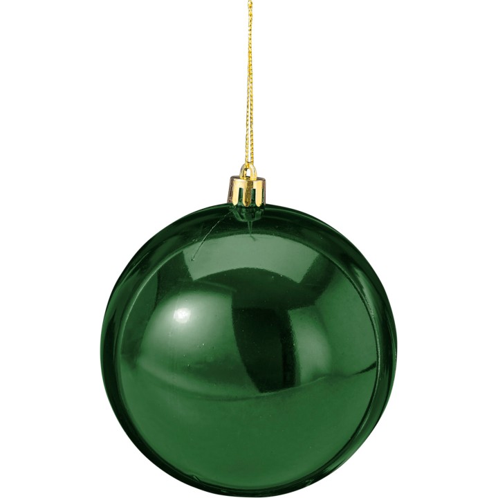 A shiny, deep green Christmas ornament hanging by a golden string.