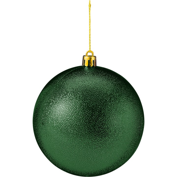 A shiny, dark green ornament with a textured surface, hanging by a gold string.