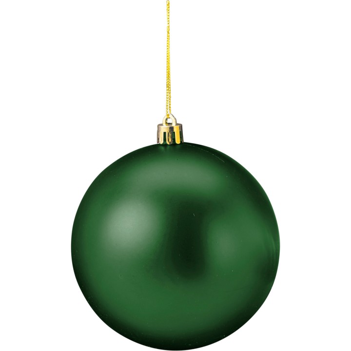 Donkergroene kerstbal met een glanzende afwerking en een gouden ophangkoord.