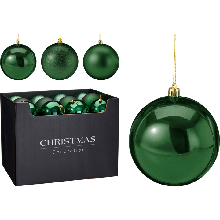 Groene kerstballen in verschillende vormen, glanzend en mat, verpakt in een zwarte doos.