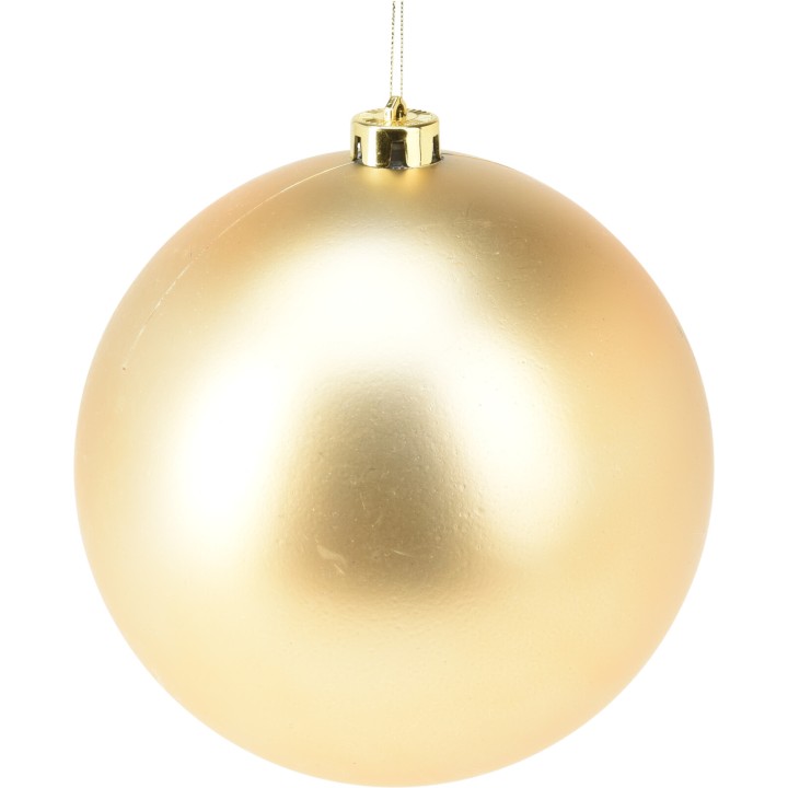 A shiny, golden spherical ornament with a smooth surface and a top loop for hanging.