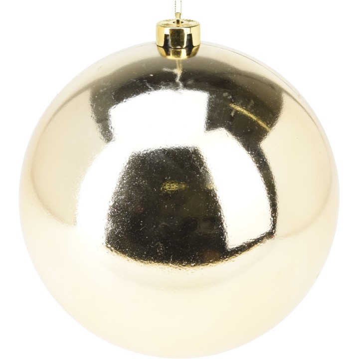 Shiny gold Christmas ornament with a smooth, reflective surface and a small hanging loop.