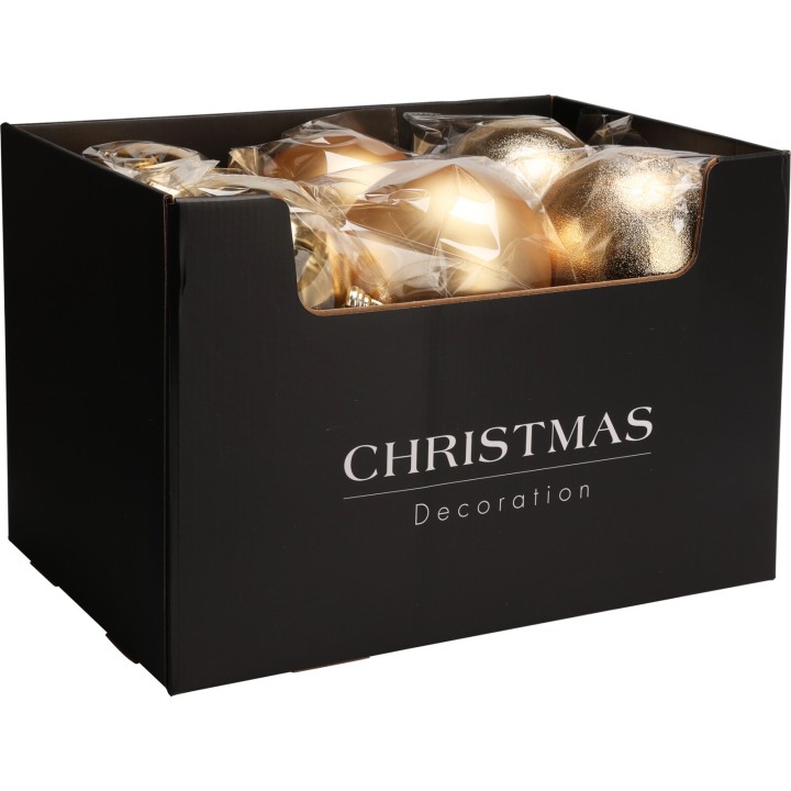 A black box filled with shiny gold Christmas ornaments, neatly arranged and wrapped.