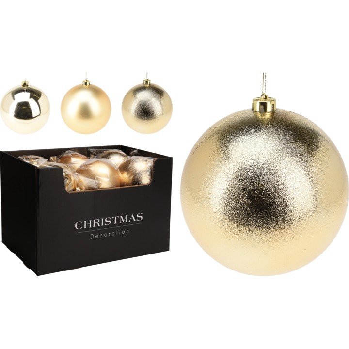Shiny gold Christmas ornaments in a black box, featuring various finishes and sizes.