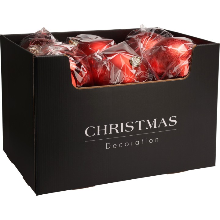 Zwarte doos met kerstballen in verschillende rode tinten, verpakt in doorzichtig folie.