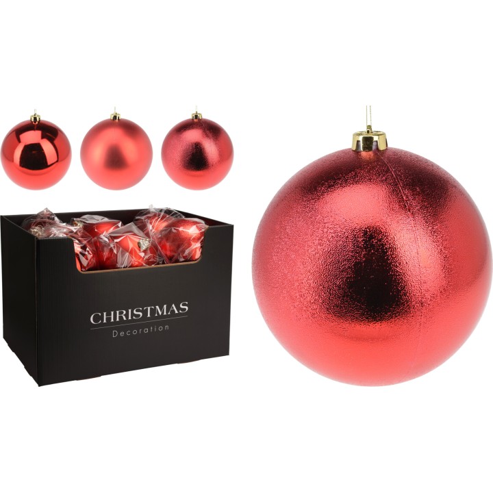 Glanzende rode kerstballen in verschillende maten, verpakt in een zwarte doos.