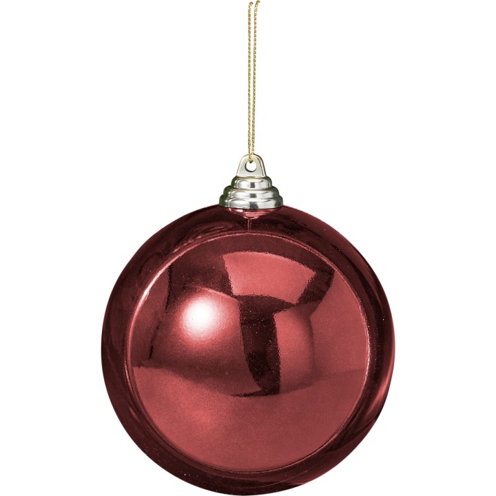 Shiny red Christmas ornament with a metallic finish, hanging from a gold string.