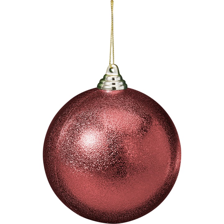 A shiny, deep red holiday ornament with a textured surface and silver cap.