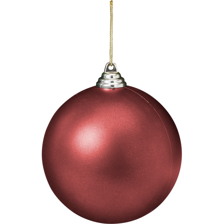 A shiny, deep red Christmas ornament with a silver top, hanging by a golden string.