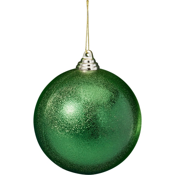 A shiny green Christmas ornament with a textured surface and a silver cap.