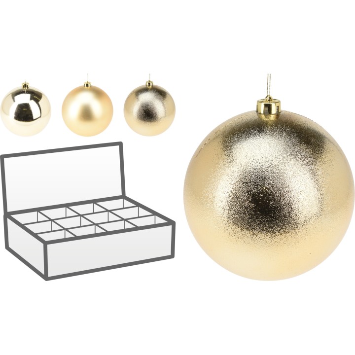 Shiny gold Christmas ornaments with a textured finish, beside a storage box illustration.