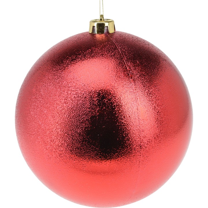 Shiny red Christmas ornament with a smooth surface and a gold cap for hanging.