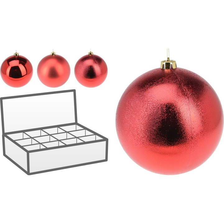 Three shiny red ornaments beside a white box with compartments for storage.