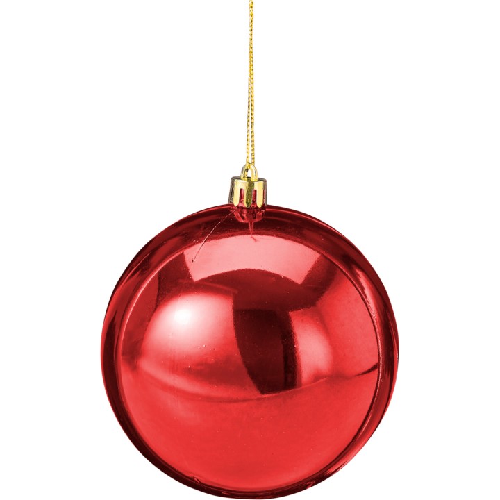 Glanzende, ronde, rode kerstbal met een gouden ophanghaakje.