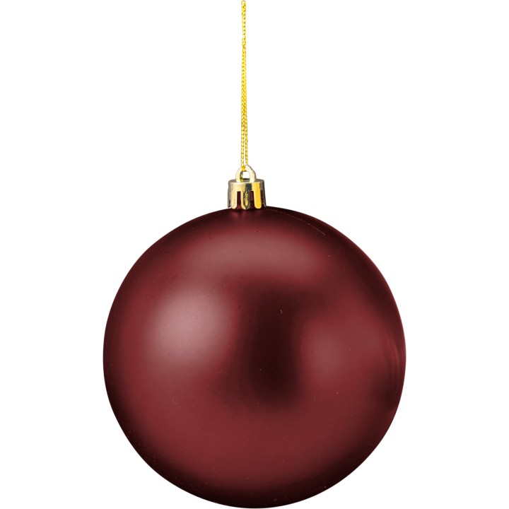 A glossy burgundy Christmas ornament hangs from a golden string.