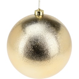 A shiny, gold ornament with a smooth, reflective surface and a hanging loop on top.