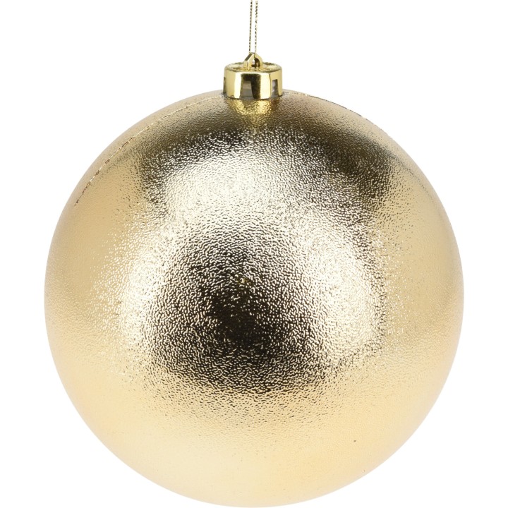 Gouden, glanzende kerstbal met een lichte textuur en een stevige lus om op te hangen.