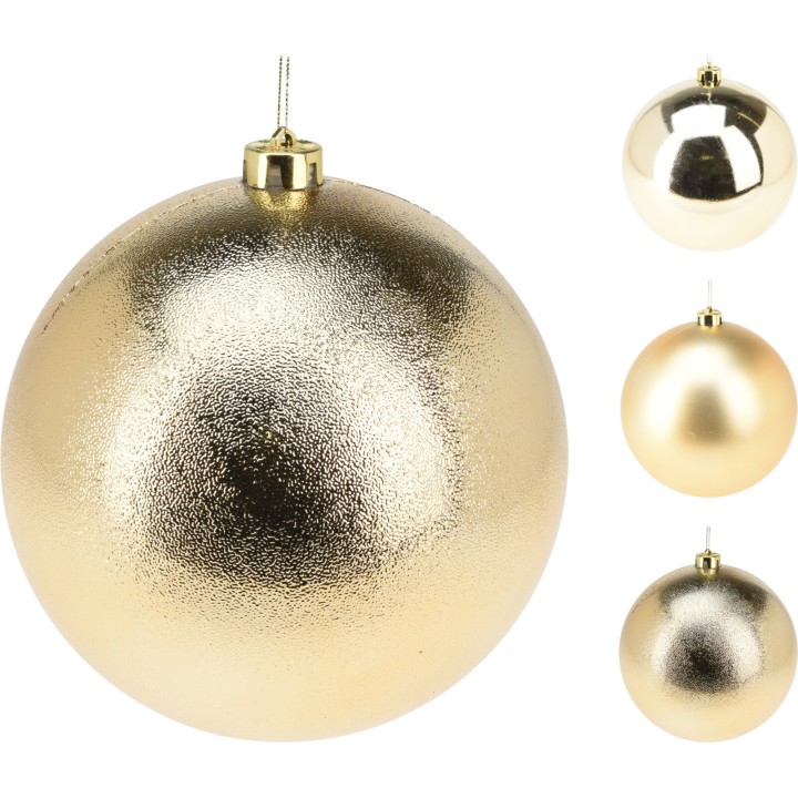 Gouden kerstballen in verschillende afwerkingen en maten, glanzend en mat.