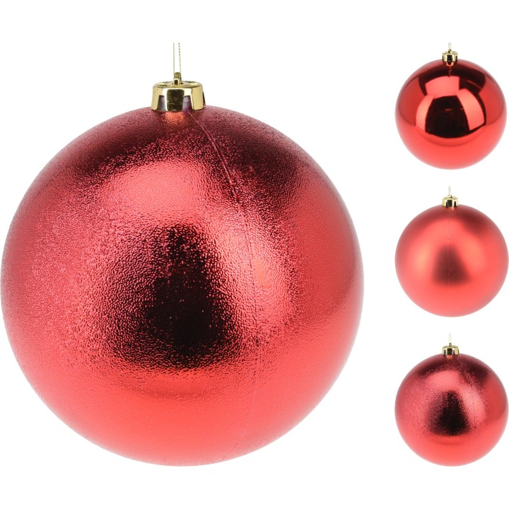 Shiny red ornaments in various sizes, reflecting light with a smooth, metallic finish.