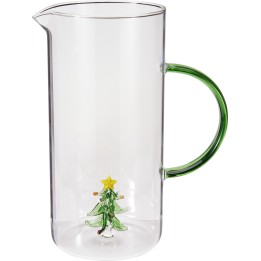 Clear glass pitcher with a green handle and a festive tree design inside.