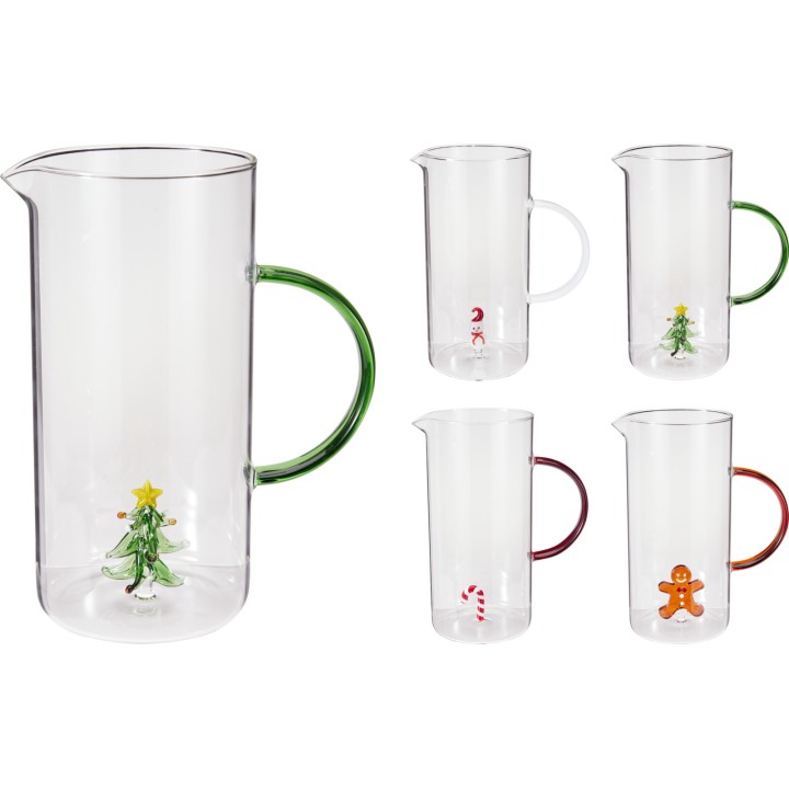 Transparante glazen kannen met kleurrijke kerstfiguren en een groene handgreep.