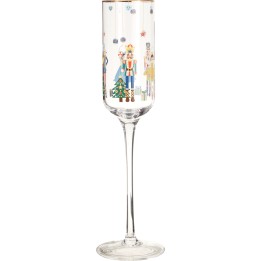 Elegante champagneflûte met kleurrijke, feestelijke figuren en kerstdecoraties.
