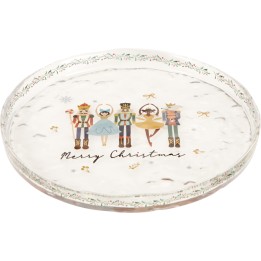 A festive round platter featuring nutcracker figures and "Merry Christmas" in elegant script.