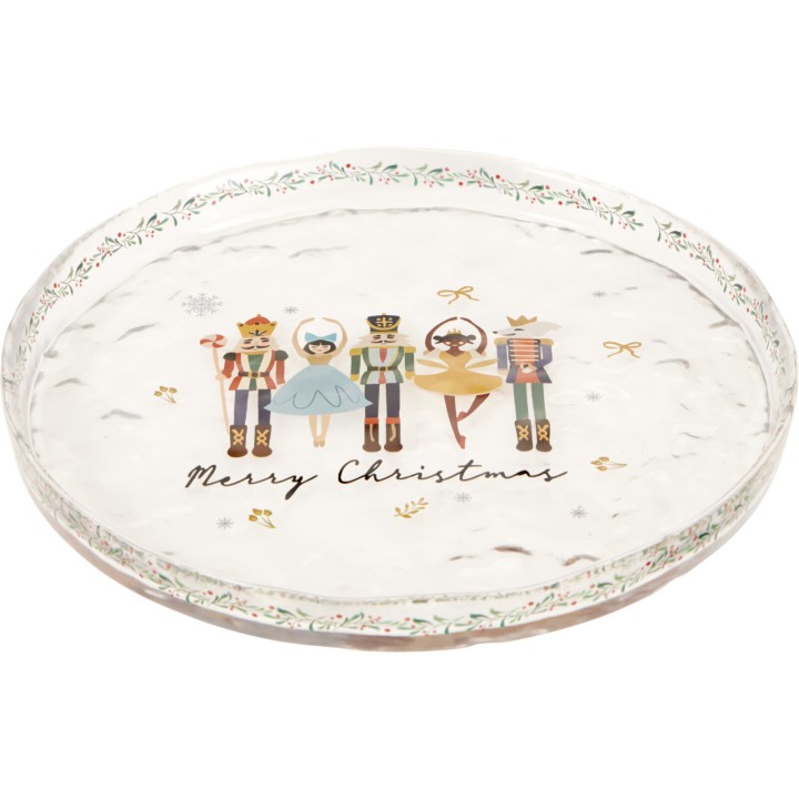 A festive round platter featuring nutcracker figures and "Merry Christmas" in elegant script.