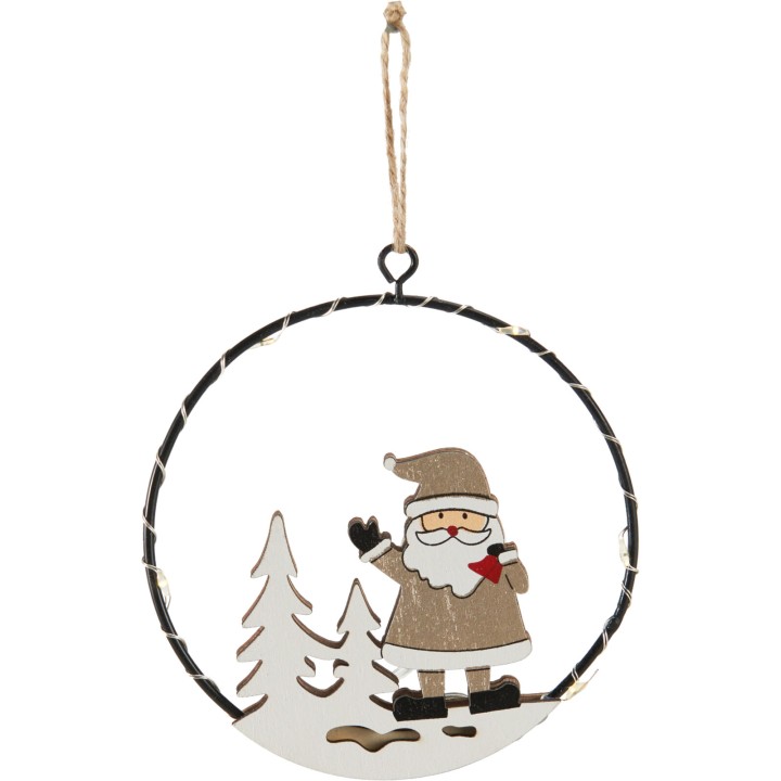 Decoratieve kersthanger met een sneeuwman, dennenbomen en een metalen ring in warme kleuren.