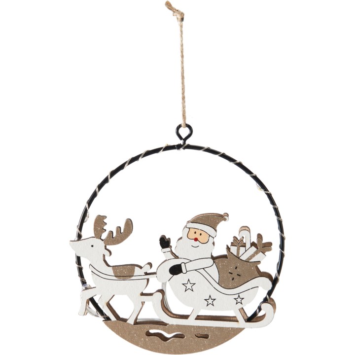 Houten kerstdecoratie met een vrolijke kerstman, rendier en slee in een ronde metalen omlijsting.
