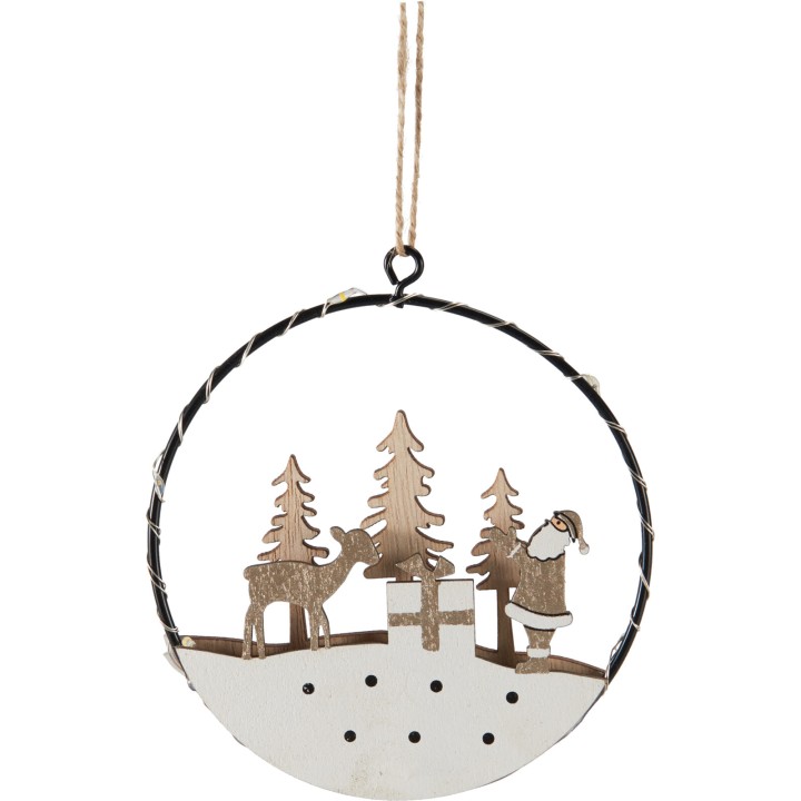A festive ornament featuring a silhouette of Santa, a reindeer, and trees in earthy tones.