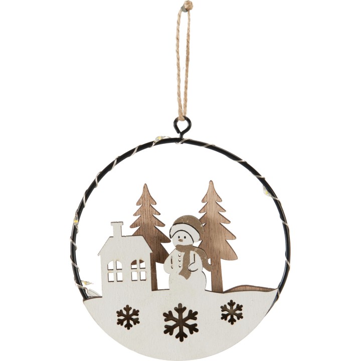 A circular ornament featuring a snowy scene with a house, trees, and a snowman.