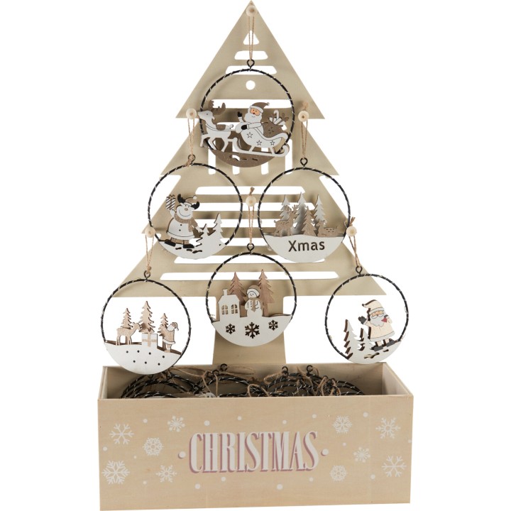 A decorative wooden Christmas tree with hanging ornaments and a snowy village scene.