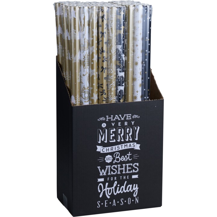 A display box filled with festive wrapping paper in gold, white, and black patterns.