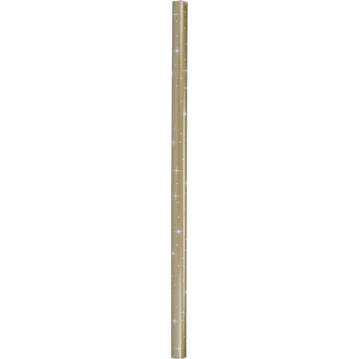 Shiny gold wrapping paper with white star patterns scattered throughout.