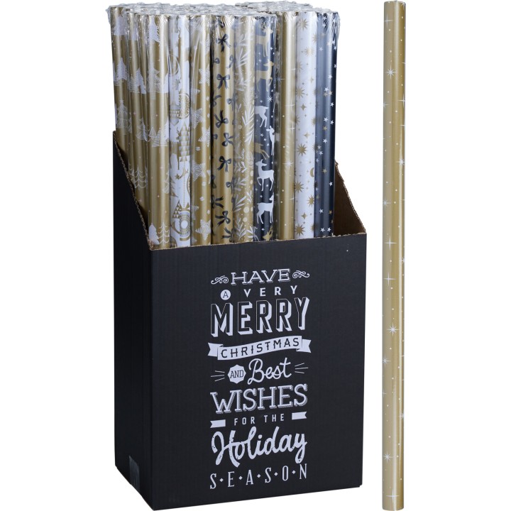 A box of festive wrapping paper rolls in gold, black, and white with cheerful designs.