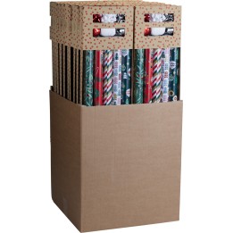 A box filled with colorful holiday wrapping paper rolls in festive patterns.