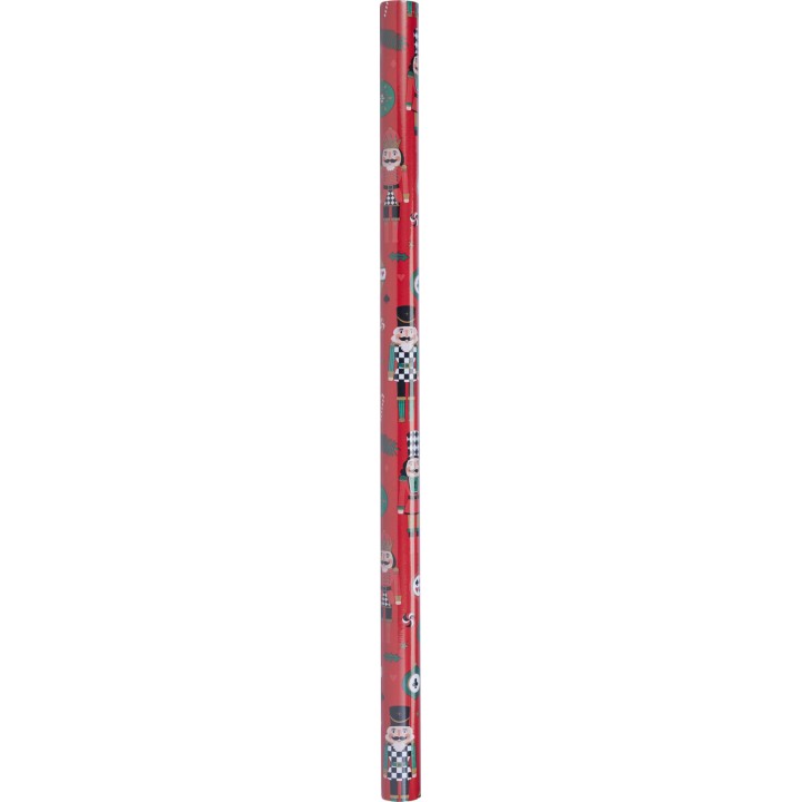 Bright red wrapping paper adorned with playful, whimsical illustrations and patterns.