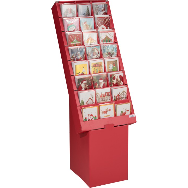 Een rode standaard met kerstkaarten in verschillende ontwerpen en kleuren.