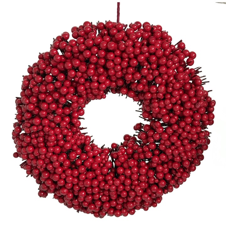 A vibrant red wreath made of clustered berries on a circular frame.
